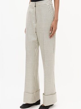 Smythe High-Rise Wide Leg Checkered Wool Pants, Cream/Black